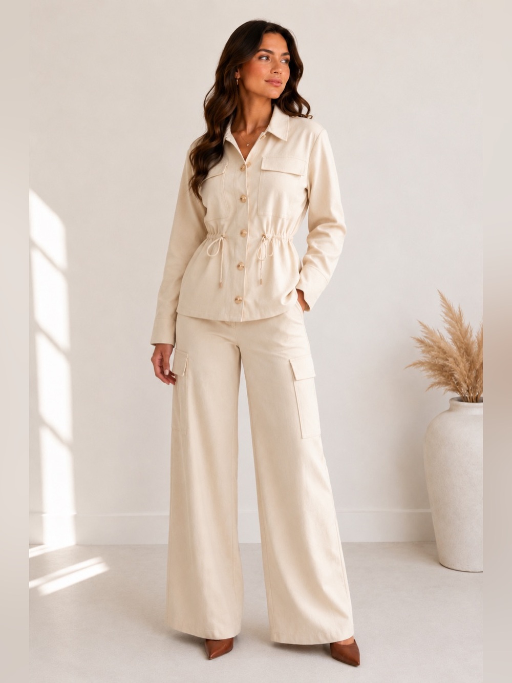 645. Cream Utility Jacket & Wide Leg Cargo Pants Set